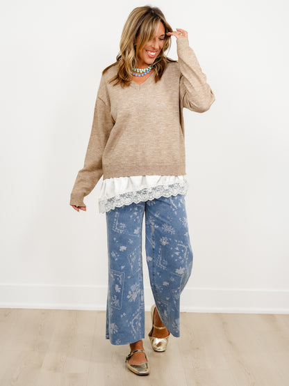 Plus/Reg Embroidery Print High Waist Wide Leg Cropped Jeans - Freckled Poppy