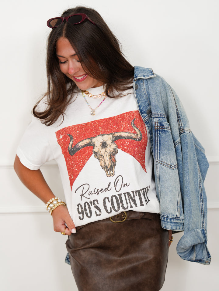 Plus/Reg Short Sleeve Longhorn Raised On 90's Country Graphic Tee - Freckled Poppy