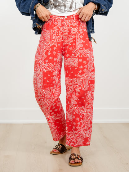 Restock! Plus/Reg Red Bandana Print Barrel Pants