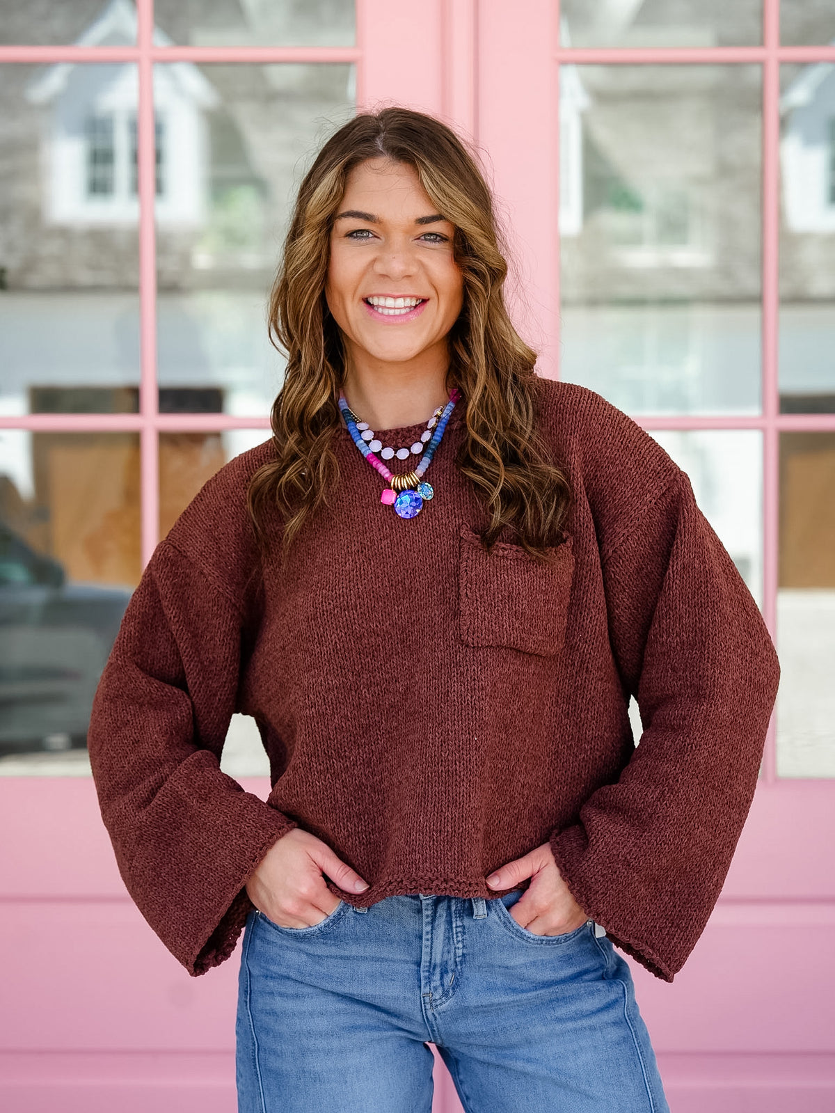 POL Solid Long Sleeve Cropped Knit Sweater - Freckled Poppy