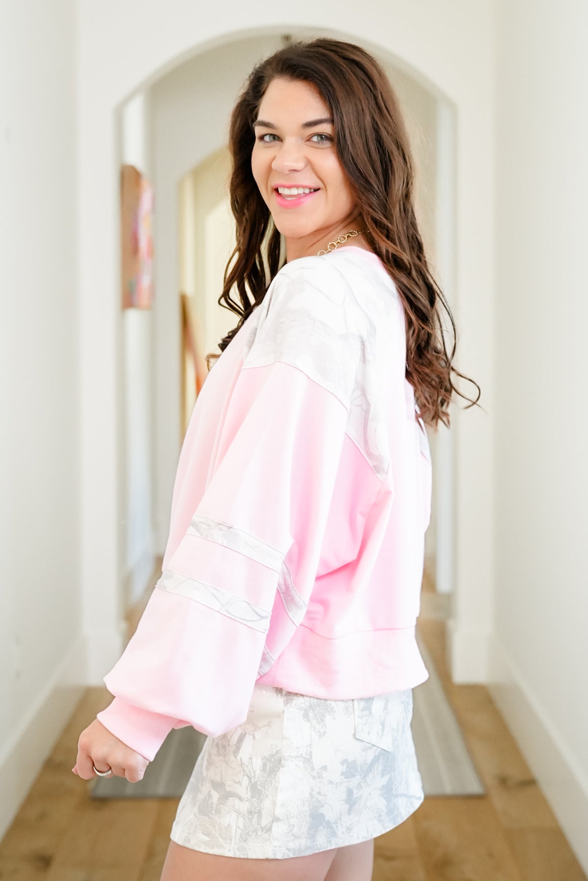 Plus/Reg Long Sleeve Pullover Sweatshirt with Camo Accents - Freckled Poppy