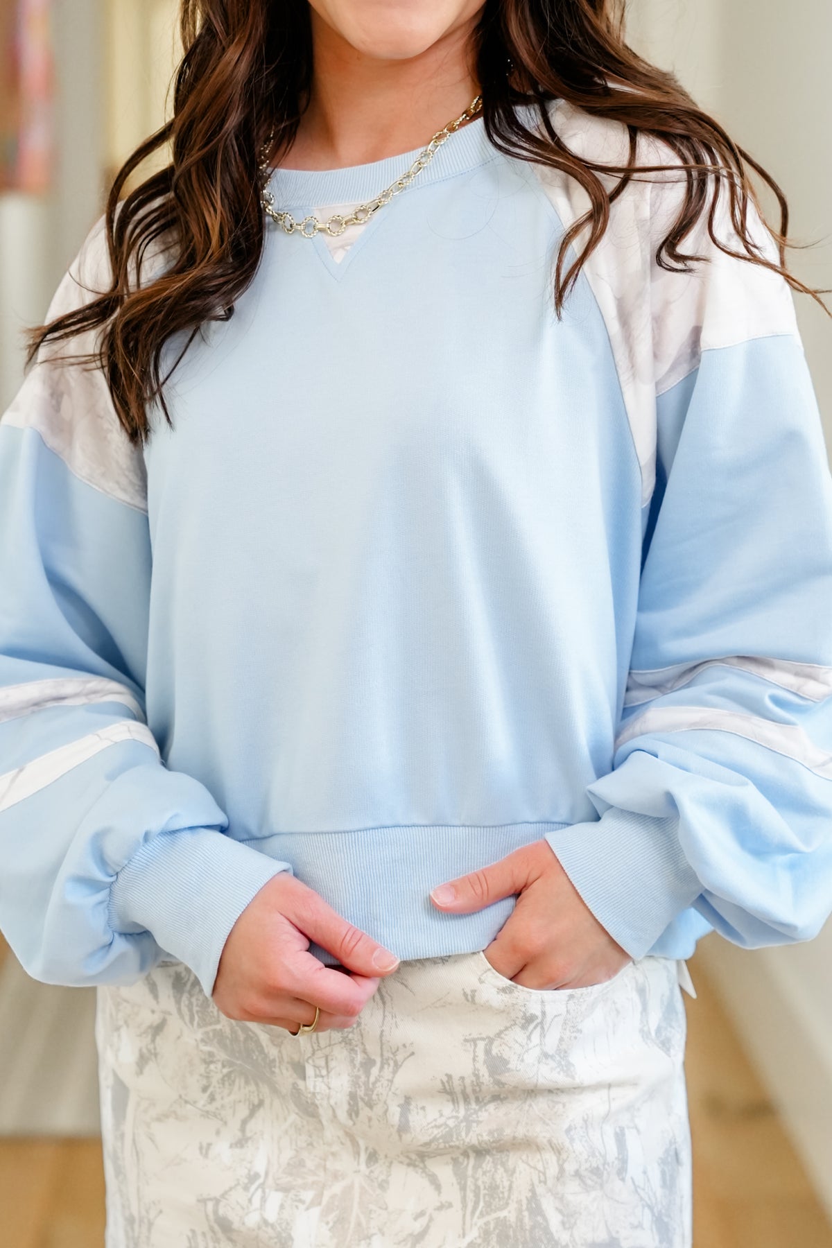 Plus/Reg Long Sleeve Pullover Sweatshirt with Camo Accents - Freckled Poppy