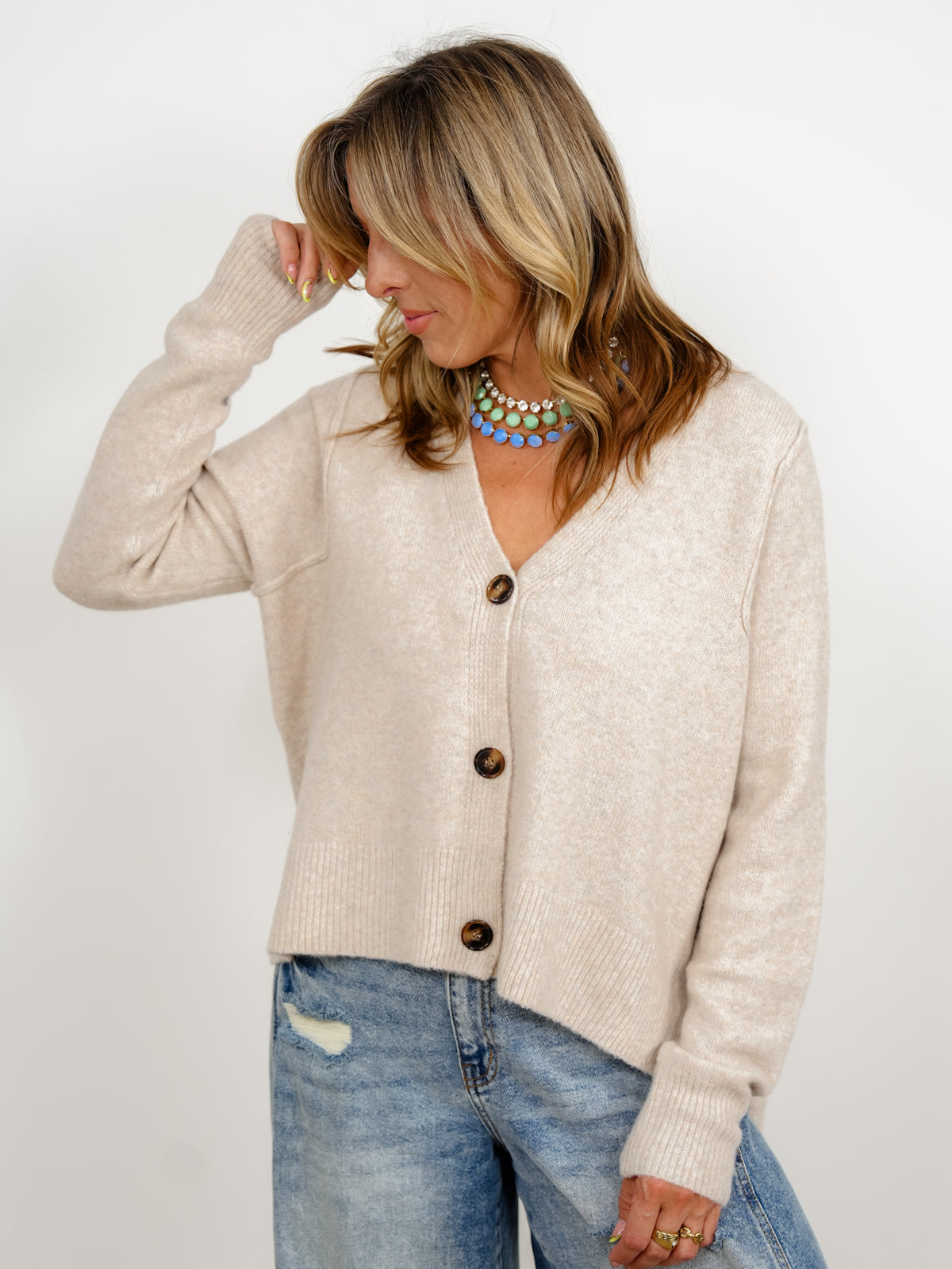 Plus/Reg Long Sleeve Button Down Hi-Lo Cardigan