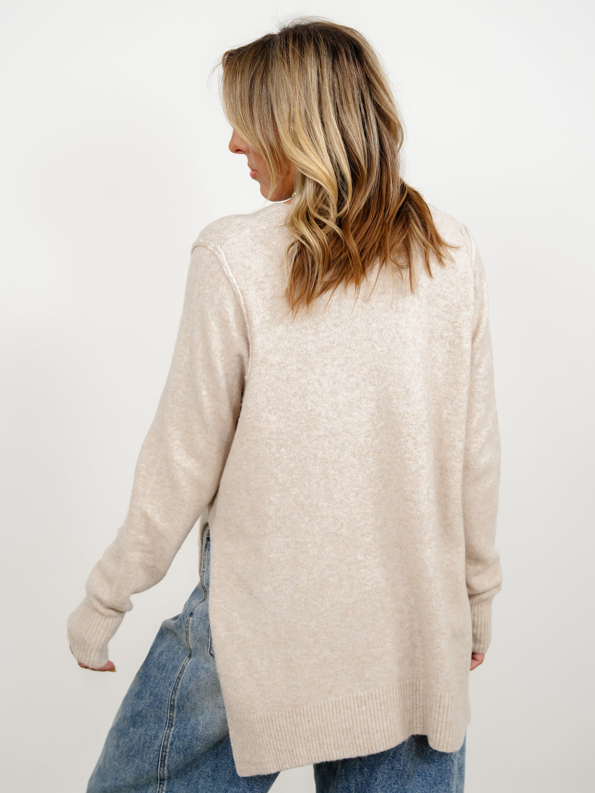 Plus/Reg Long Sleeve Button Down Hi-Lo Cardigan