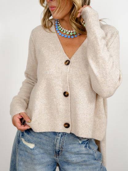 Plus/Reg Long Sleeve Button Down Hi-Lo Cardigan