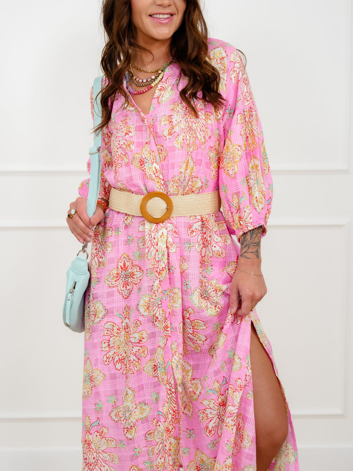 POL Floral Print Half Puff Sleeve Button Down Midi Dress - Freckled Poppy