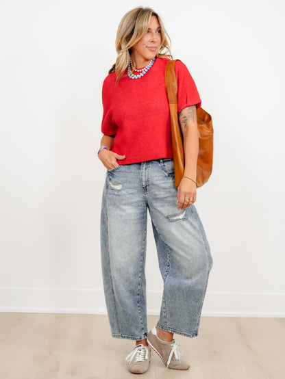 Short Puff Sleeve Round Neck Pullover Sweater