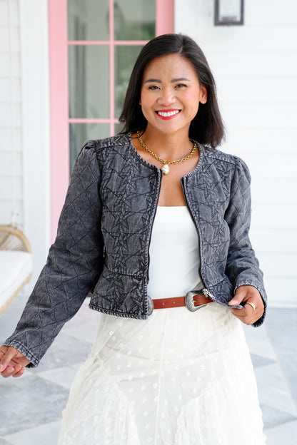 Quilted Peplum Zip Up Crop Jacket - Freckled Poppy
