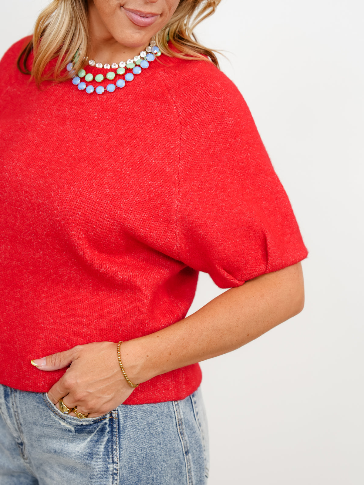 Short Puff Sleeve Round Neck Pullover Sweater