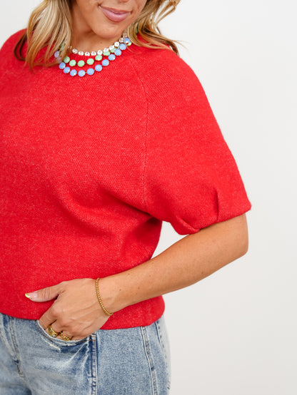 Short Puff Sleeve Round Neck Pullover Sweater