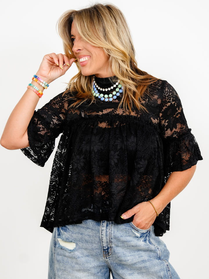 Lace Short Sleeve Mock Neck Baby Doll Top - Freckled Poppy