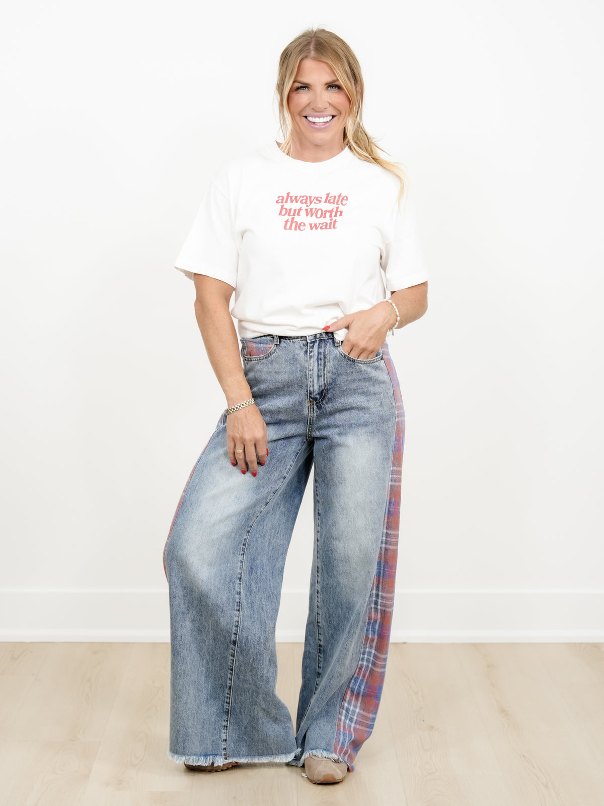Contrast Plaid Mix Washed Solid Knit Wide Leg Pants With Frayed Edge - Freckled Poppy