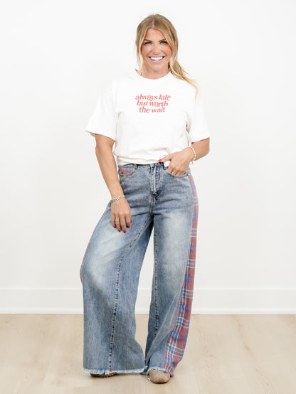 Contrast Plaid Mix Washed Solid Knit Wide Leg Pants With Frayed Edge - Freckled Poppy