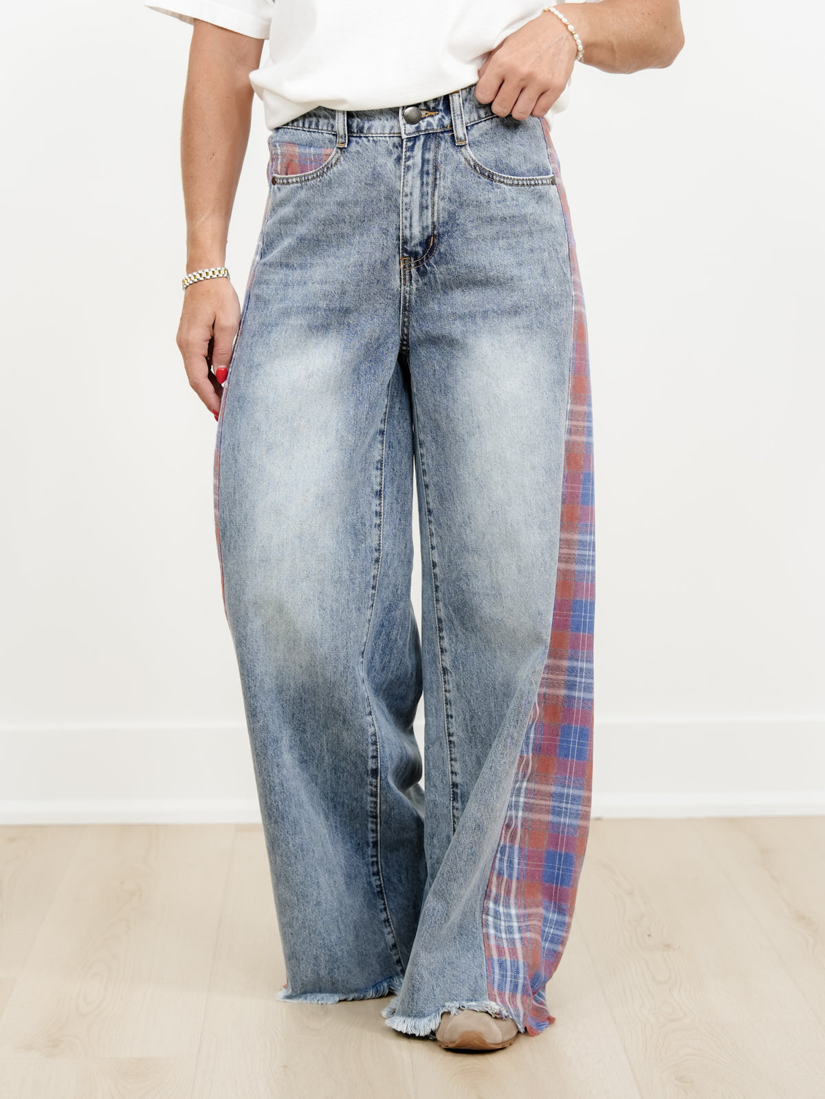 Contrast Plaid Mix Washed Solid Knit Wide Leg Pants With Frayed Edge - Freckled Poppy