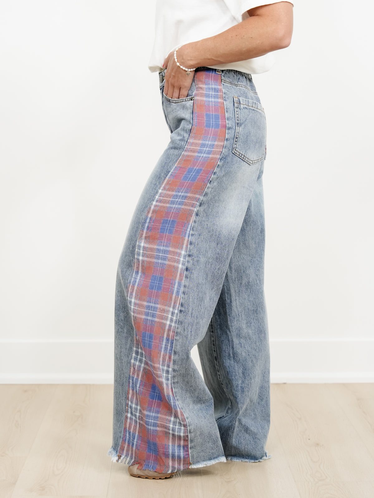 Contrast Plaid Mix Washed Solid Knit Wide Leg Pants With Frayed Edge - Freckled Poppy