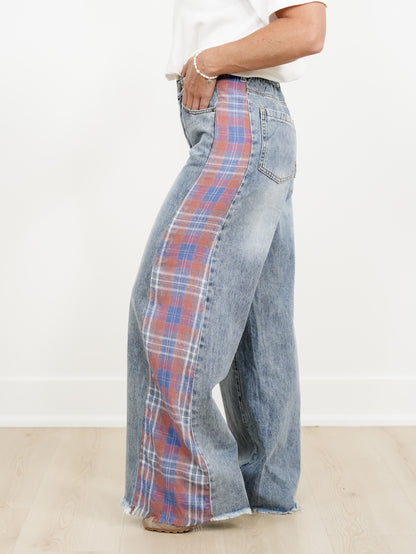 Contrast Plaid Mix Washed Solid Knit Wide Leg Pants With Frayed Edge - Freckled Poppy