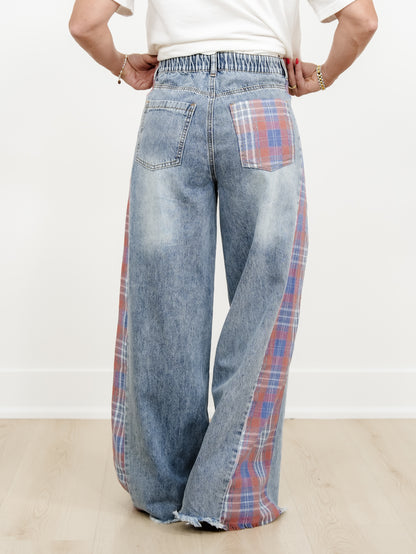 Contrast Plaid Mix Washed Solid Knit Wide Leg Pants With Frayed Edge - Freckled Poppy