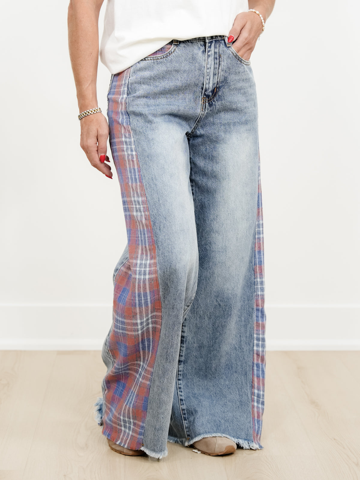 Contrast Plaid Mix Washed Solid Knit Wide Leg Pants With Frayed Edge - Freckled Poppy