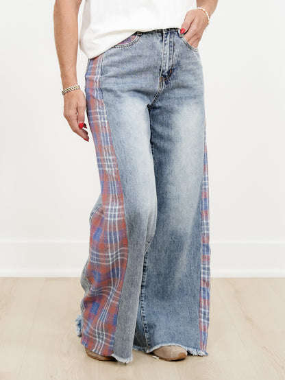Contrast Plaid Mix Washed Solid Knit Wide Leg Pants With Frayed Edge - Freckled Poppy