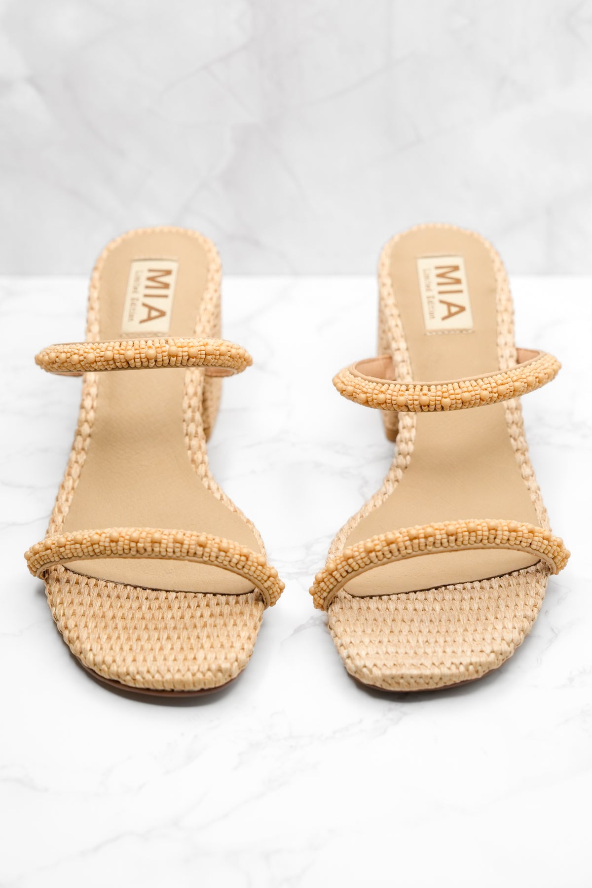 MIA Beaded Strap Raffia Woven Block Heel Sandal - Freckled Poppy