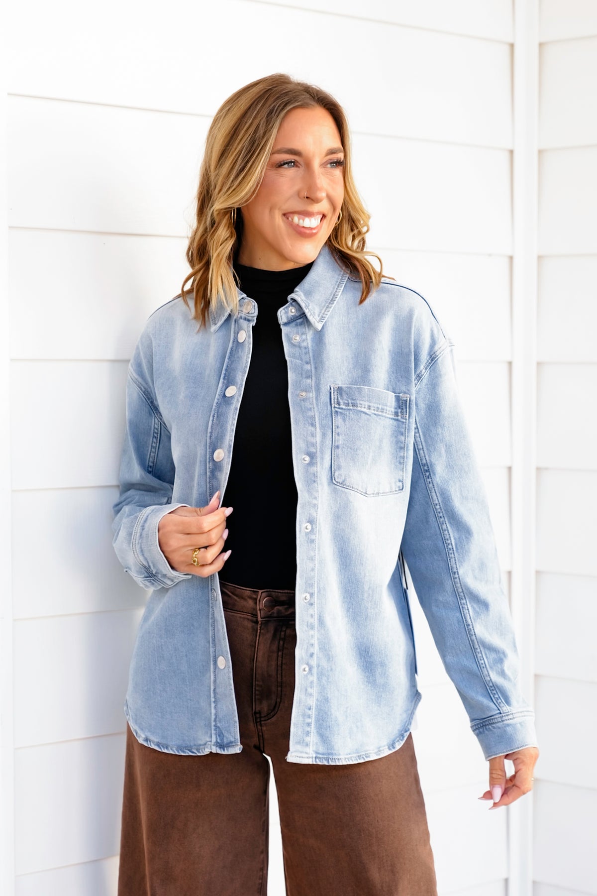 Light Wash Long Sleeve Snap Button Down Shirt - Freckled Poppy