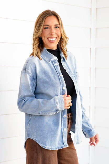 Light Wash Long Sleeve Snap Button Down Shirt - Freckled Poppy