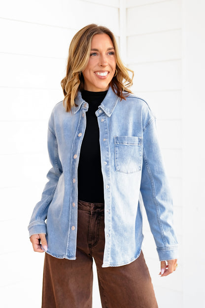 Light Wash Long Sleeve Snap Button Down Shirt - Freckled Poppy