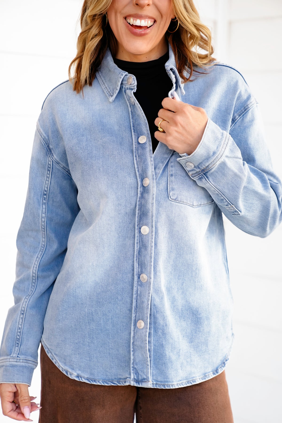 Light Wash Long Sleeve Snap Button Down Shirt - Freckled Poppy