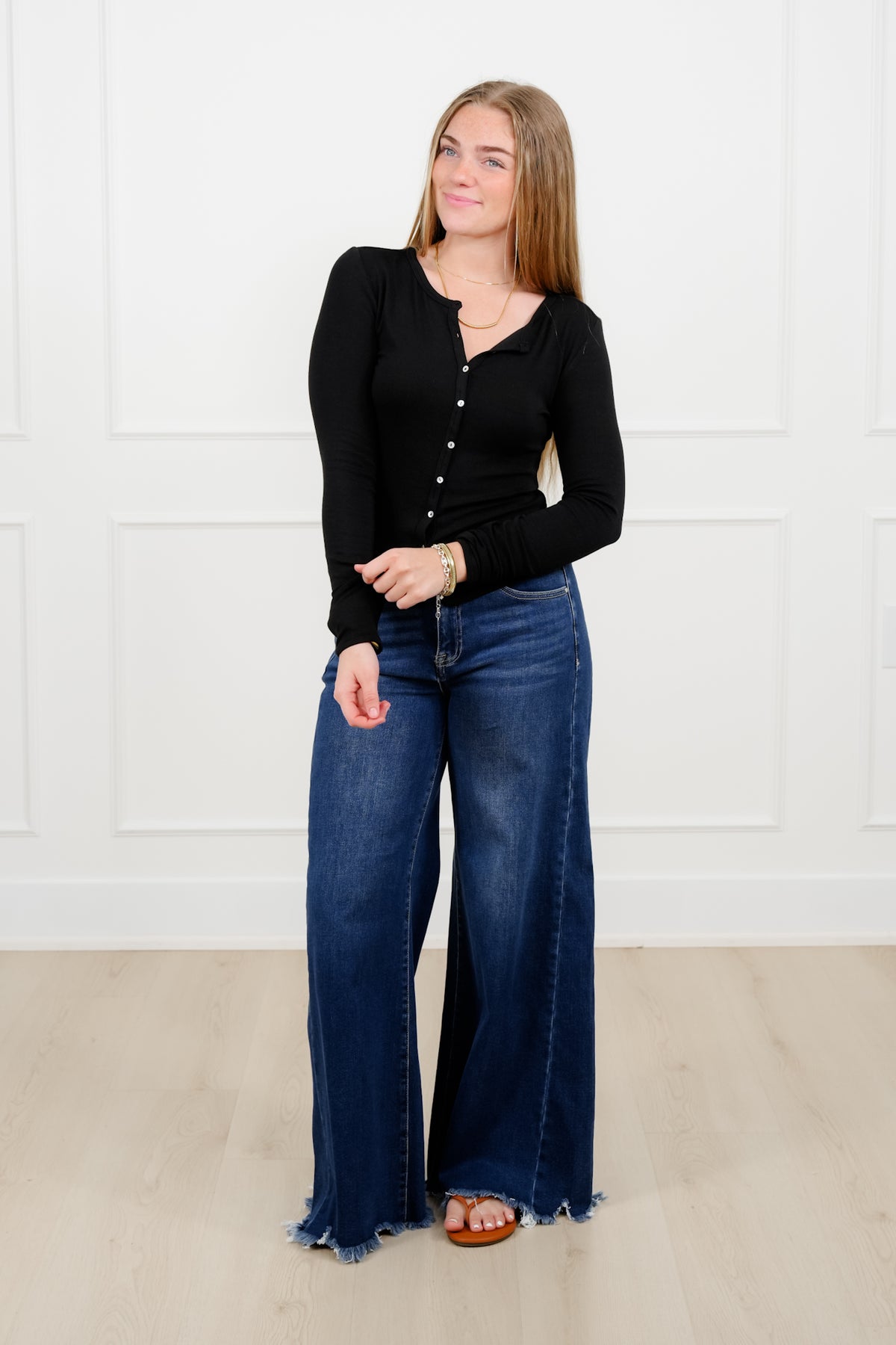 Ribbed Long Sleeve Button Up Top - Freckled Poppy