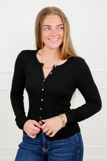 Ribbed Long Sleeve Button Up Top - Freckled Poppy