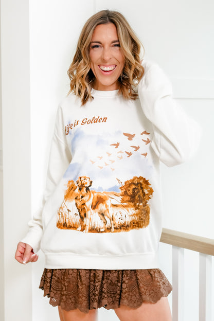 Long Sleeve "Life Is Golden" Graphic Pullover Sweatshirt - Freckled Poppy