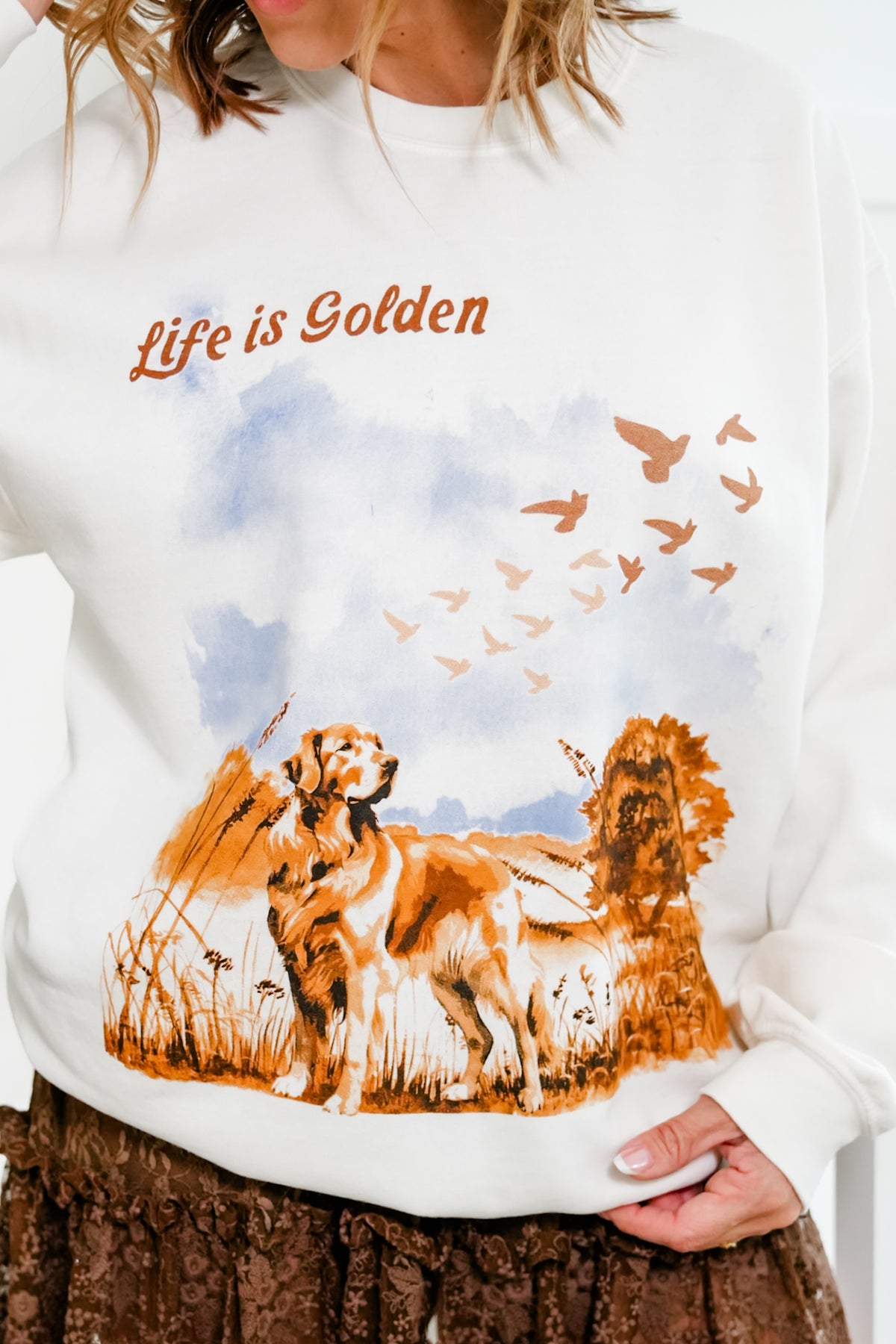 Long Sleeve "Life Is Golden" Graphic Pullover Sweatshirt - Freckled Poppy