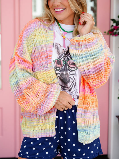 Neon Rainbow Stripe Long Sleeve Open Front Knit Cardigan - Freckled Poppy