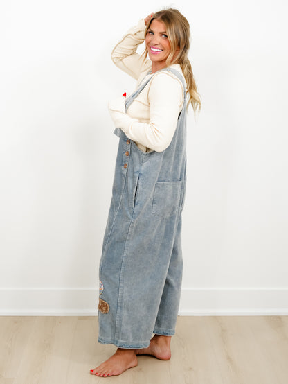 Flower Patchwork Washed Corduroy Wide Leg Overalls