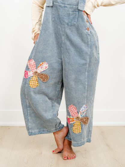 Flower Patchwork Washed Corduroy Wide Leg Overalls