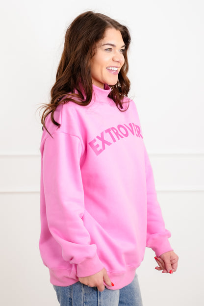 Plus/Reg Long Sleeve "Extrovert" Graphic Pullover Sweatshirt - Freckled Poppy