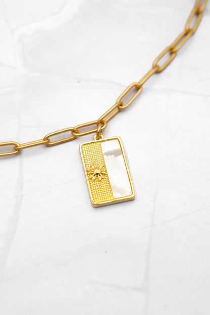 Love, Poppy Moonstone Square Pendent Sun Detail Paperclip Chain Necklace