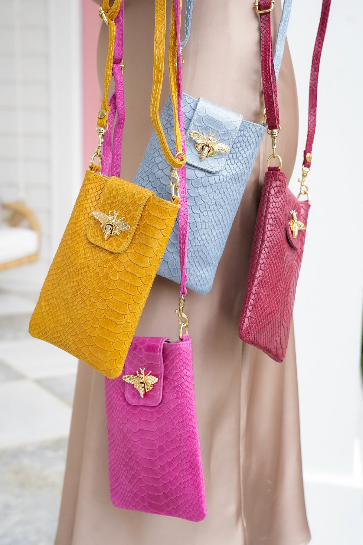 Genuine Italian Leather Butterfly Croc-Embossed Crossbody Bag - Freckled Poppy