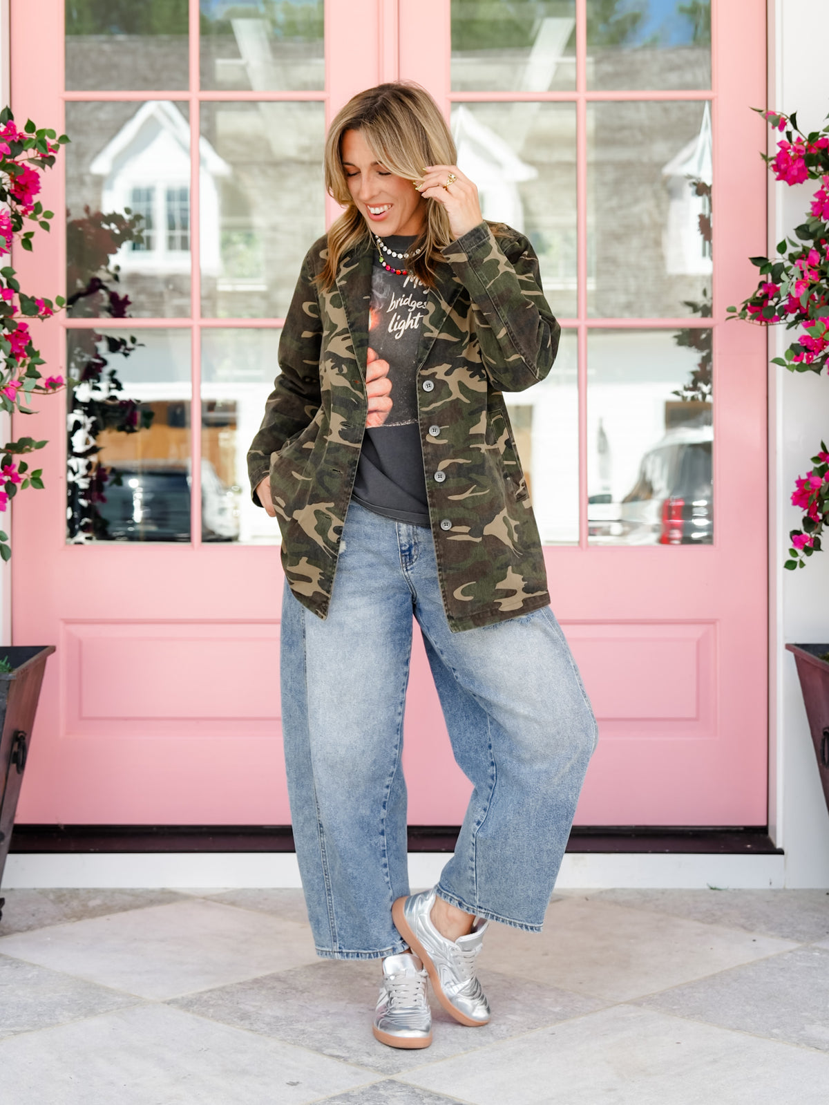 Vintage Camo Print Long Sleeve Button Down Jacket - Freckled Poppy