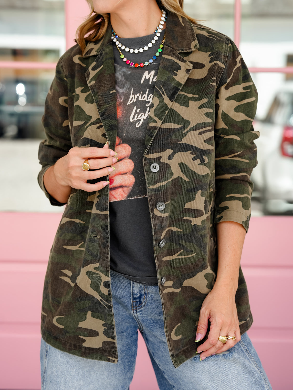 Vintage Camo Print Long Sleeve Button Down Jacket - Freckled Poppy
