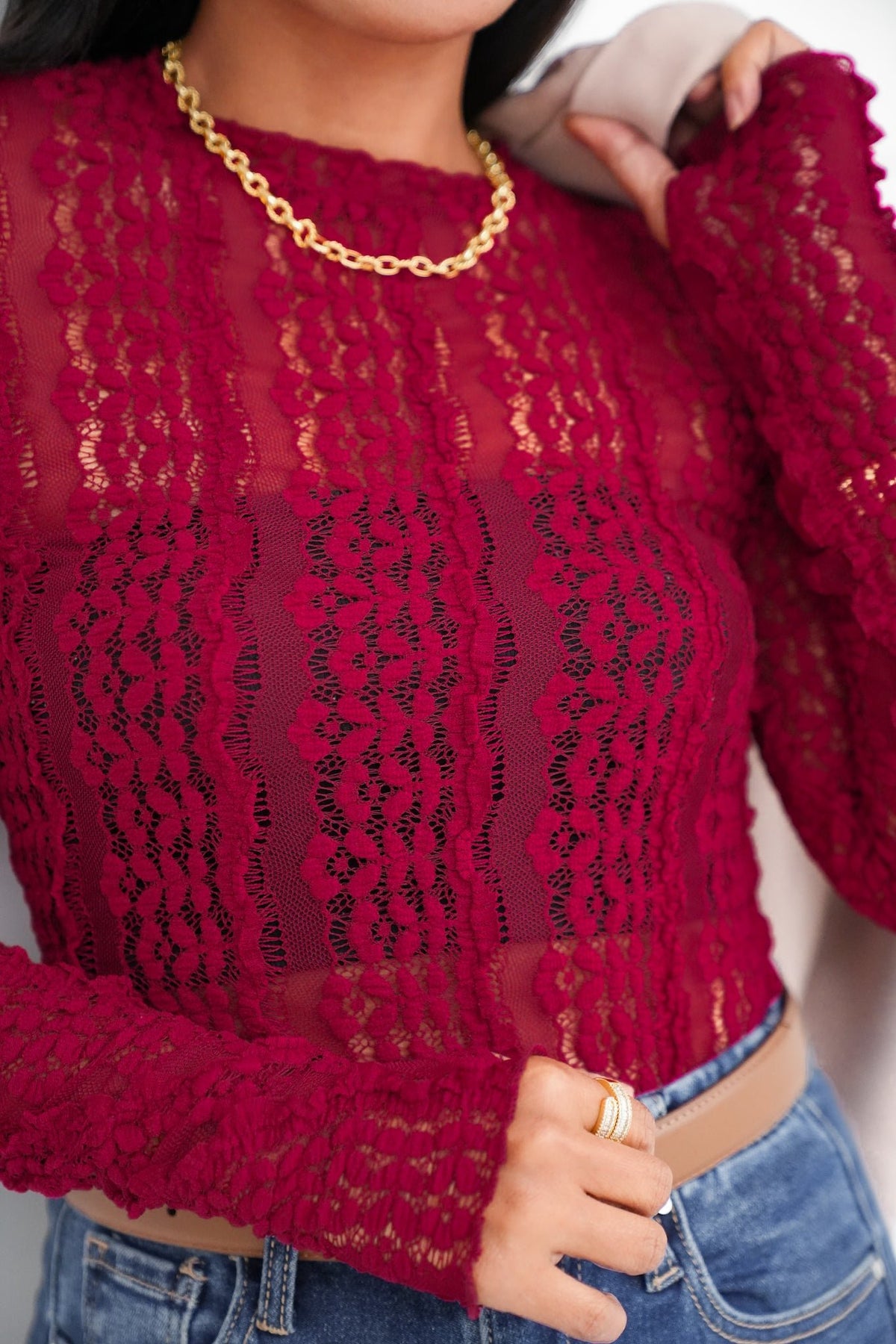 Lace Long Sleeve Top with Thumb Hole - Freckled Poppy