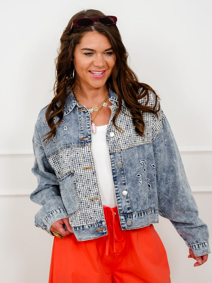 POL Swiss Dot Plaid Accent Denim Jacket with Eyelet Detail - Freckled Poppy