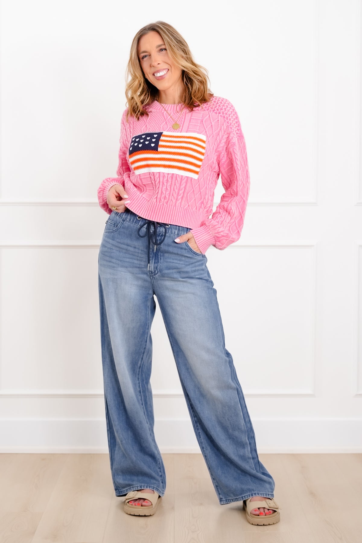 POL Long Sleeve Round Neck American Flag Sweater - Freckled Poppy