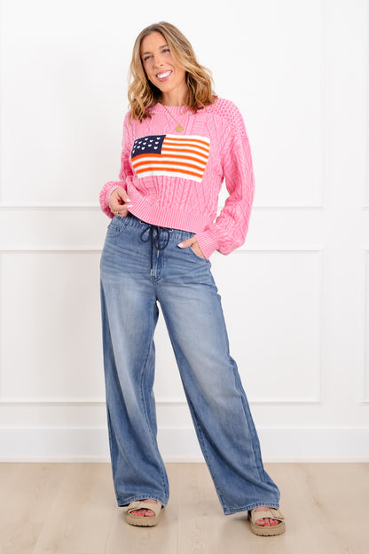 POL Long Sleeve Round Neck American Flag Sweater - Freckled Poppy