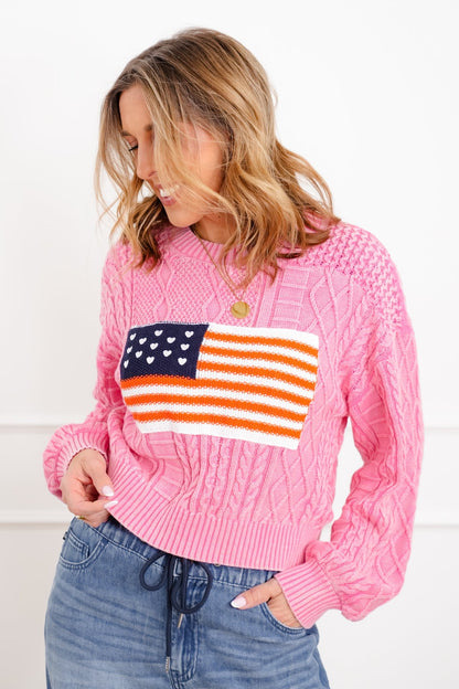 POL Long Sleeve Round Neck American Flag Sweater - Freckled Poppy