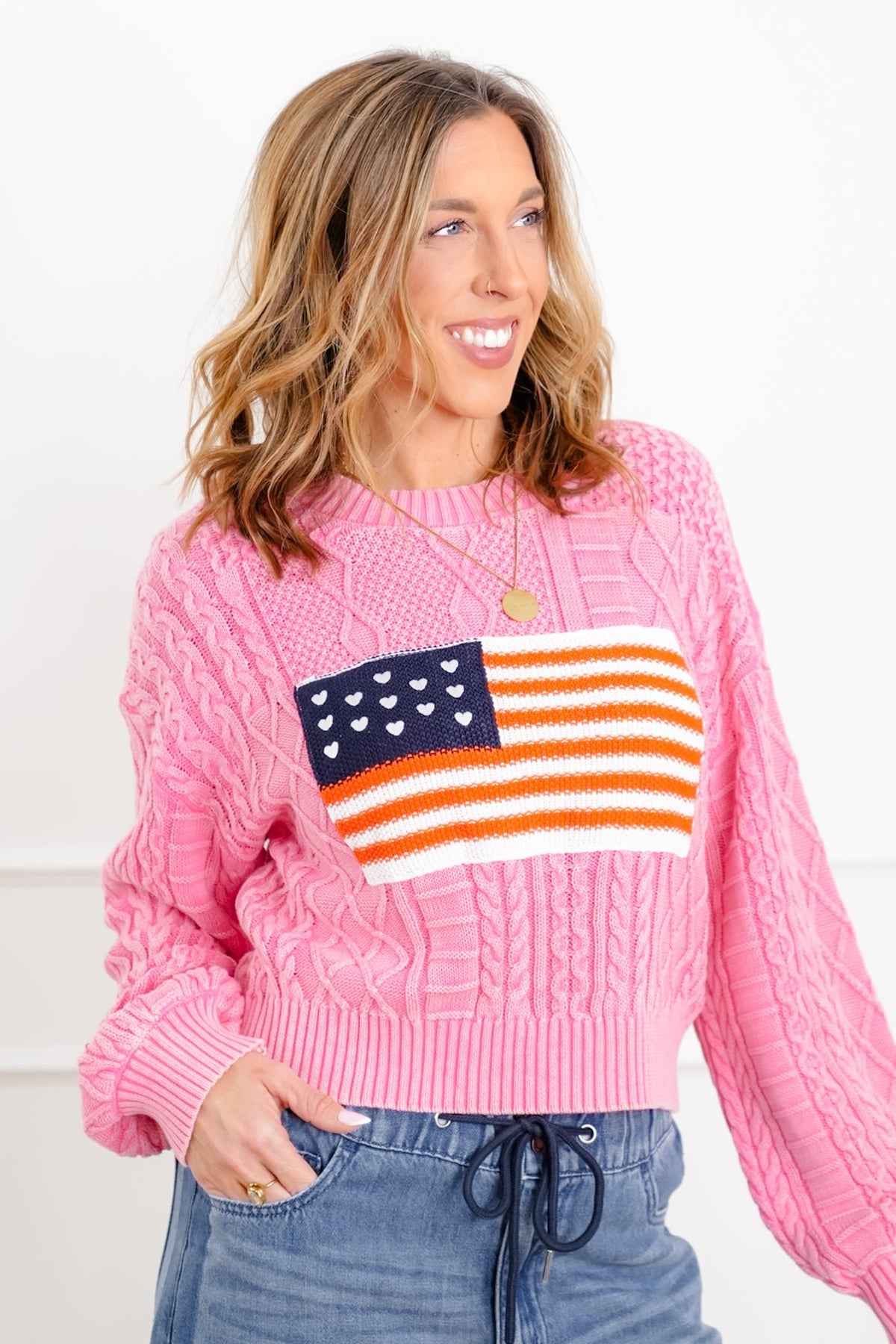 POL Long Sleeve Round Neck American Flag Sweater - Freckled Poppy