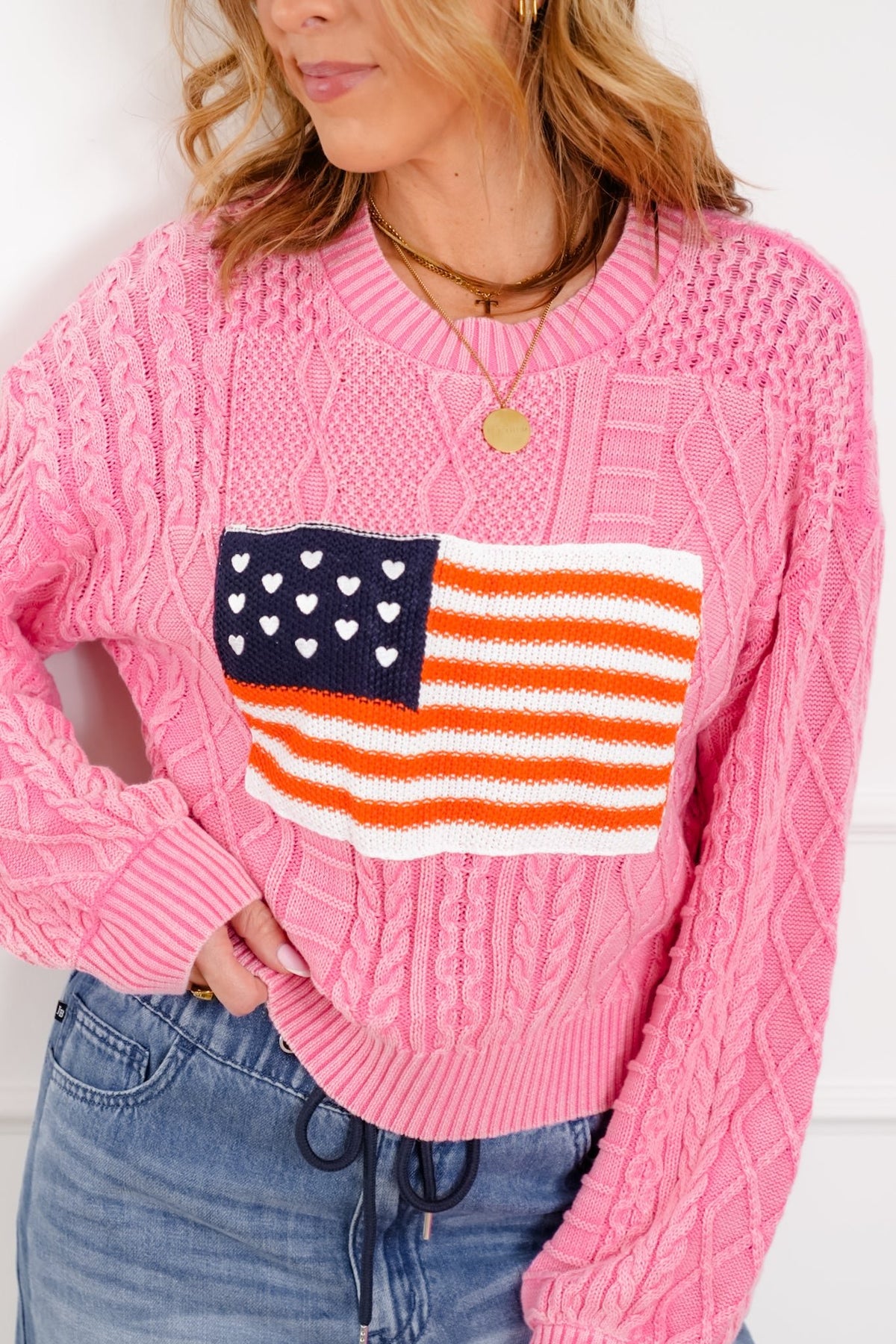 POL Long Sleeve Round Neck American Flag Sweater - Freckled Poppy