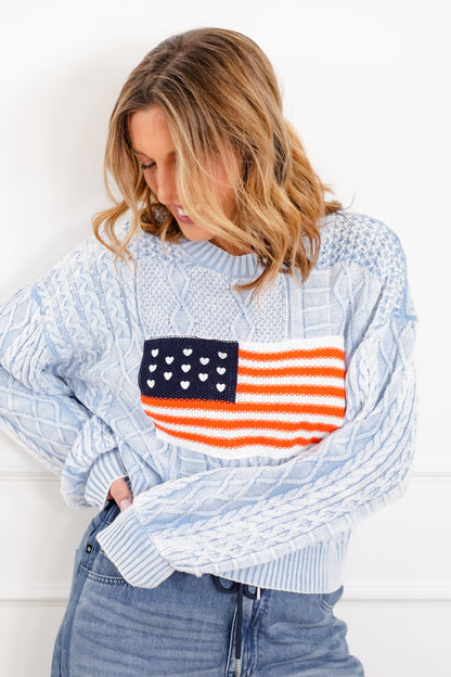 POL Long Sleeve Round Neck American Flag Sweater - Freckled Poppy