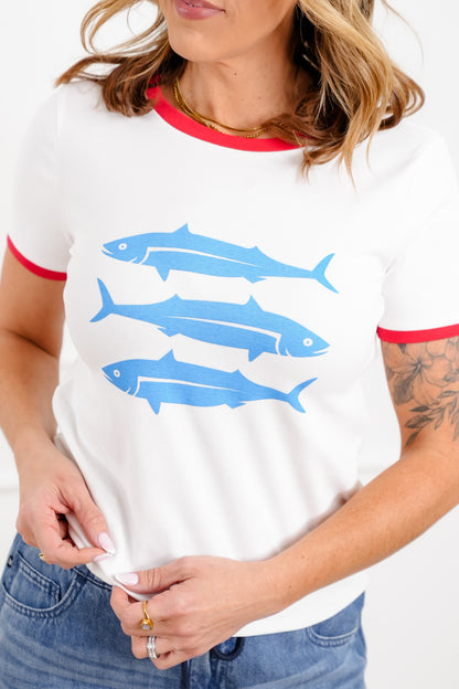 Short Sleeve Crew Neck Sardines Graphic Top - Freckled Poppy