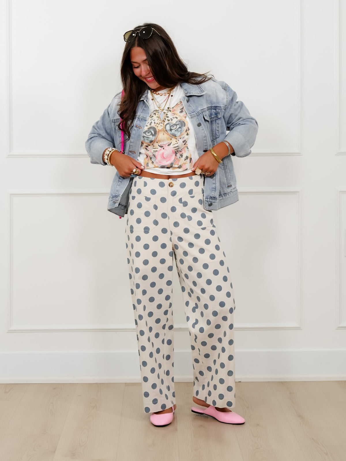 Polka Dot Print Elastic Back Wide Leg Pants - Freckled Poppy